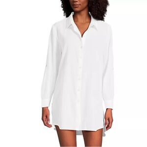 Lands' End White Button Down Longline Shirt Dress / Tunic Oversized Size Small